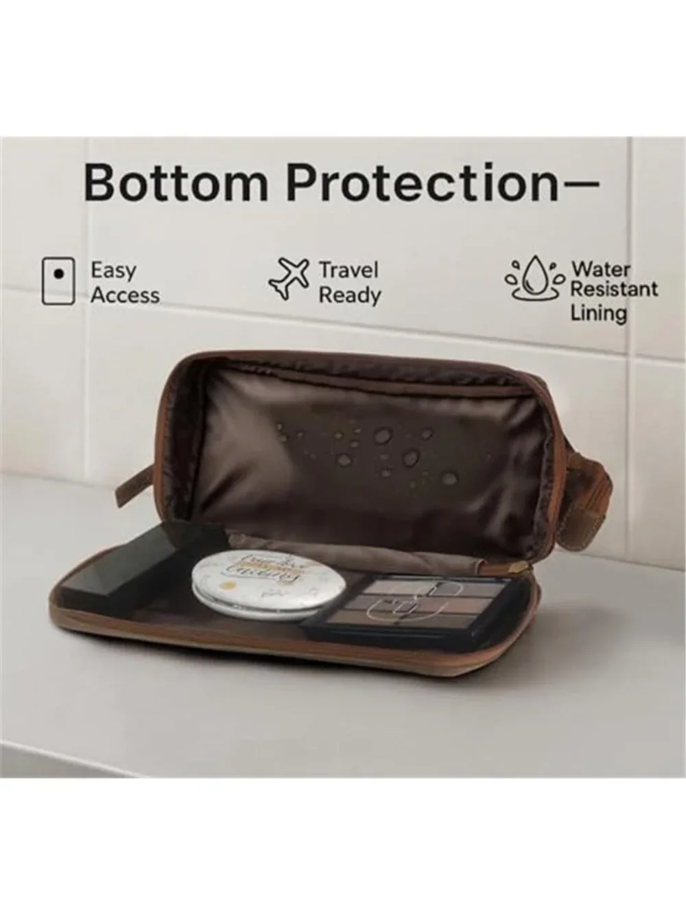 Mens Full Grain Leather Toiletry Bag Travel Dopp Kit Shaving Organizer Wash Bag